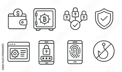 Line style icons of exchanges: custodial wallet service, exchange cold storage vault, multi-signature wallet security, insured funds badge, withdrawal whitelist settings, 2FA login protection,