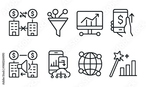 Line style icons of exchanges: cross-exchange arbitrage, liquidity aggregator tool, smart order router, best price execution engine, multi-exchange wallet connection, cross-platform trading app,