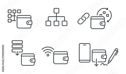 Line style icons of blockchain wallets: light wallet mode, full node wallet, SPV wallet connection, ultra-light wallet sync, blockchain snapshot restore, bandwidth-efficient wallet, mobile data