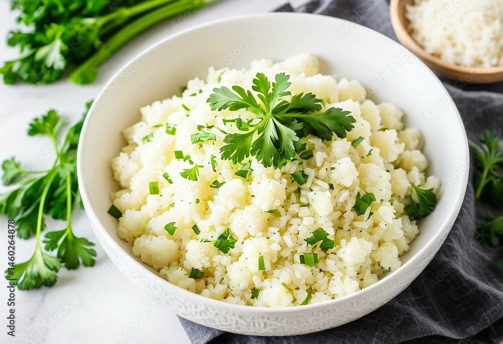 A white bowl filled with rice and parsley on top of a table. A white bowl filled with rice and parsley on top of a table.