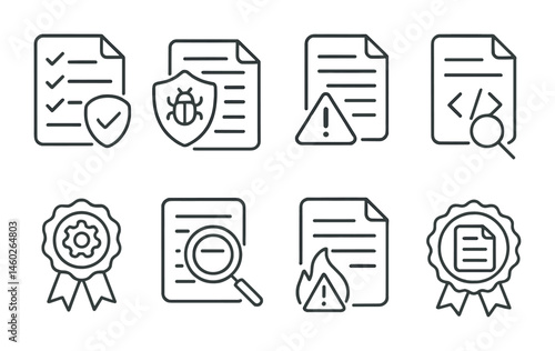 Line style icons of smart contracts: smart contract audit checklist, security analysis icon, critical vulnerability detector, contract code review, manual audit badge, smart contract scanner tool,