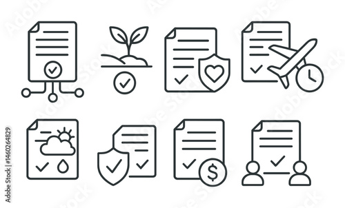 Line style icons of smart contracts: decentralized insurance payout contract, crop insurance contract, life insurance smart contract, flight delay insurance, weather-based insurance payout, automatic