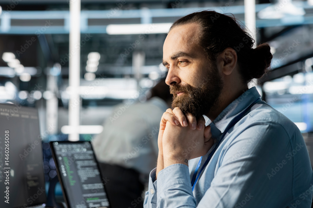 Computer scientist in data center doing software updates, verifying neural network metrics. Server hub facility IT professional inspects configurations, ensuring optimal application performance