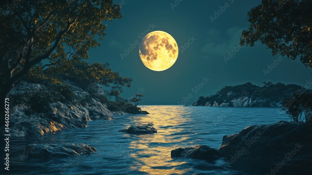 Naklejka premium Full moon over a tranquil coastal scene at night.