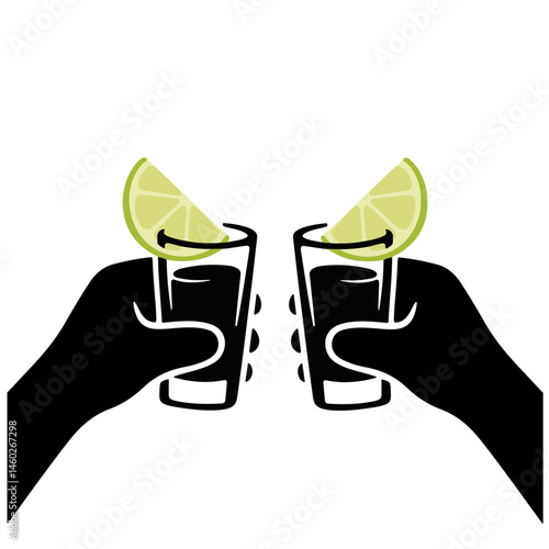 Two hands clinking tequila shots with lime wedges.  Vector illustration, black silhouette on white background.
