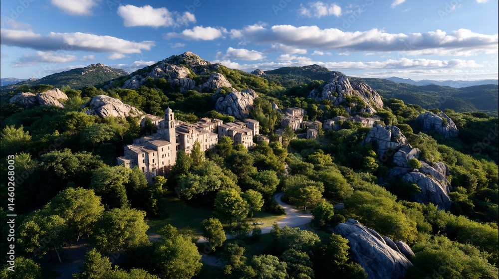 Fototapeta premium Hillside village nestled among rocks and trees