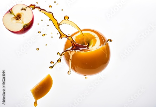 A piece of caramel being poured into a bowl of apples.