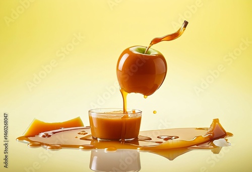 A piece of caramel being poured into a bowl of apples.