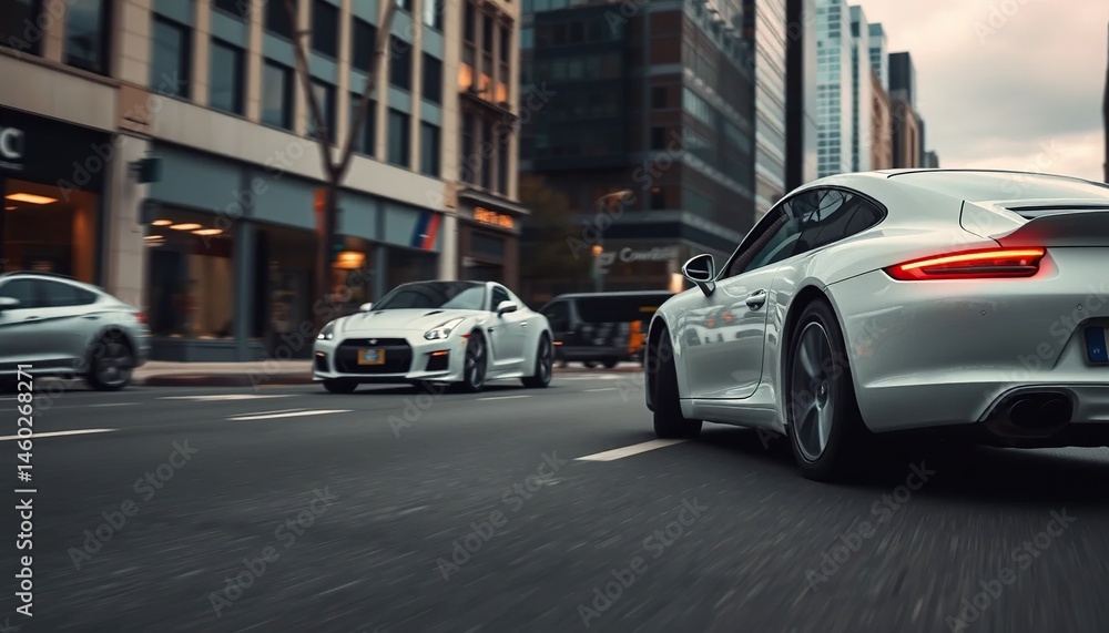 Two white sports cars on city street Two white sports cars on city street