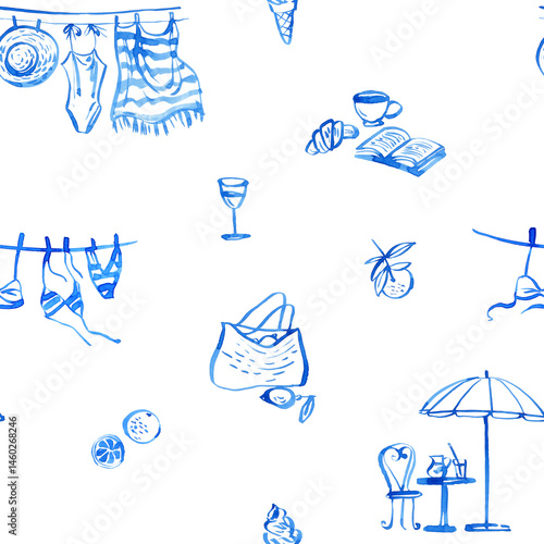 La Dolce Vita seamless pattern – aesthetic summer sketch with beach elements, lemons, wine, coffee, croissant, books and stylish relaxation