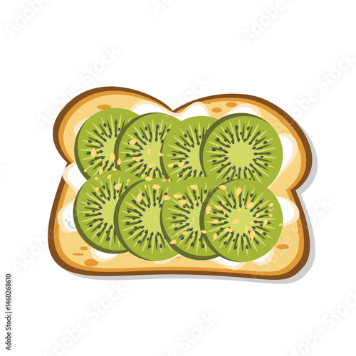 Vector food illustration of a healthy toast topped with fresh kiwi slices and cream. Perfect for breakfast menu design, nutrition infographics, or food-themed graphic content.