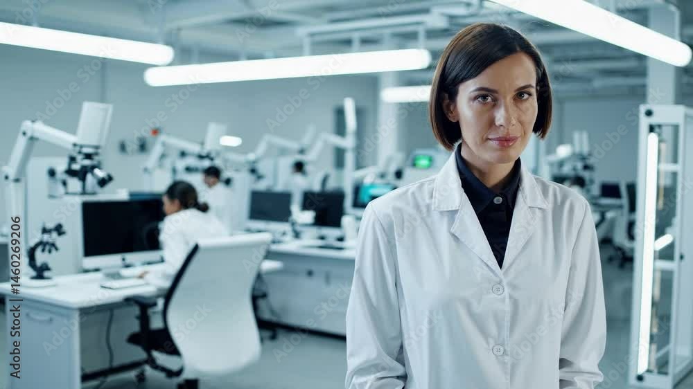 Serious female scientist in white coat looking at camera, standing in high-tech laboratory with other scientists and advanced equipment working in background Serious female scientist in white coat looking at camera, standing in high-tech laboratory with other scientists and advanced equipment working in background