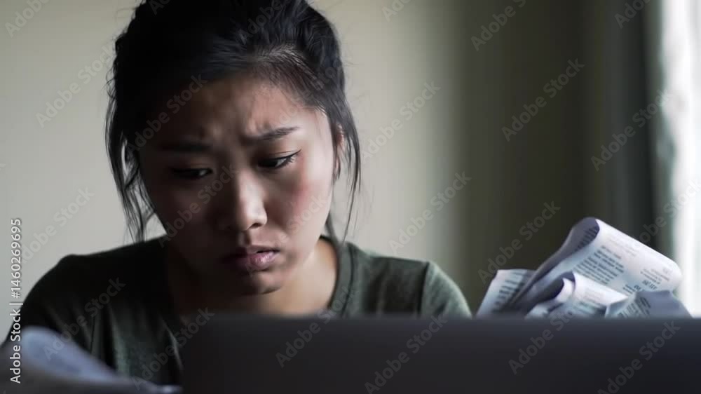 Close up of concerned asian woman looking at bills behind a laptop screen Close up of concerned asian woman looking at bills behind a laptop screen