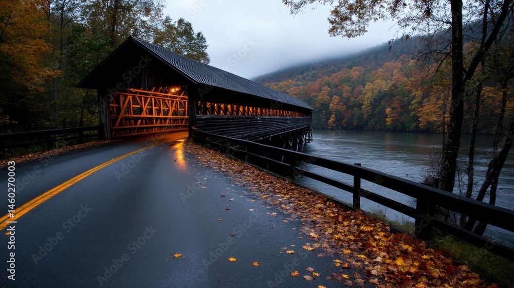 Fototapeta premium A historic covered bridge surrounded by autumn leaves