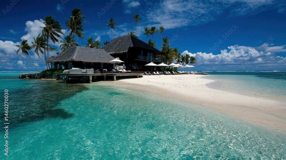 Fototapeta premium A luxurious private island with white sandy beaches and palm trees