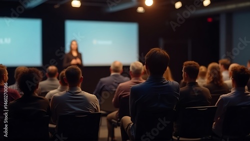 A group of people attending a presentation in a conference room