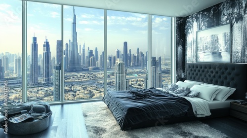 view of the hotel, Immerse yourself in the epitome of luxury with this stunning image of a black-themed bedroom in a prestigious apartment in Dubai