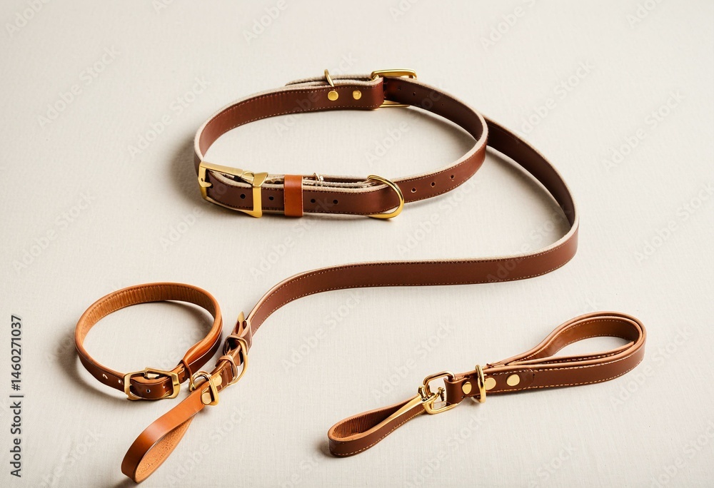 A pair of brown leather dog leashes on a white surface. A pair of brown leather dog leashes on a white surface.