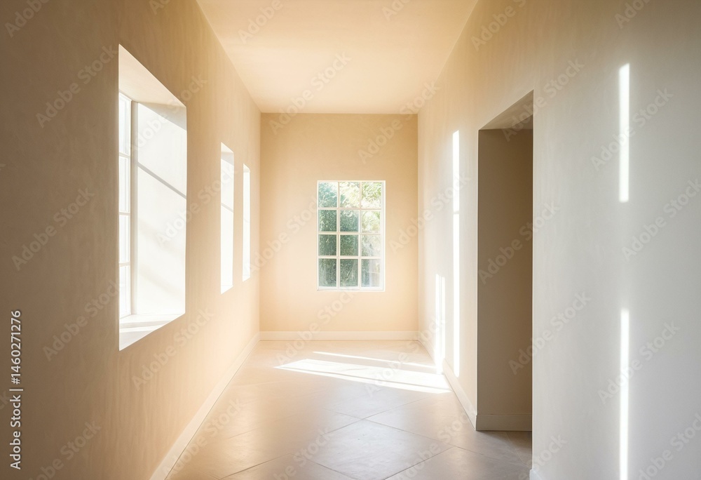 Fototapeta premium A long hallway with two windows and a light at the end.