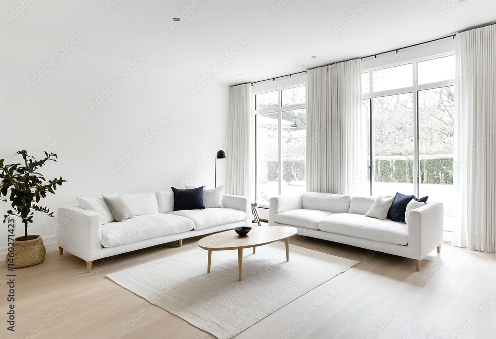 Fototapeta premium A living room with white furniture and large windows.