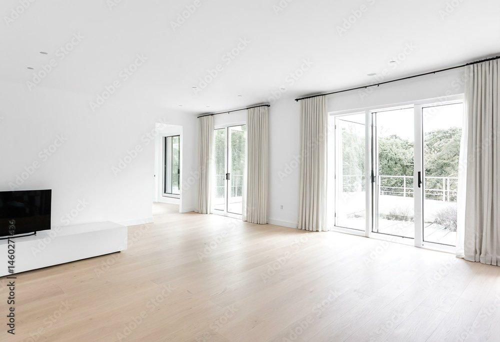 Obraz premium A living room with white furniture and large windows.