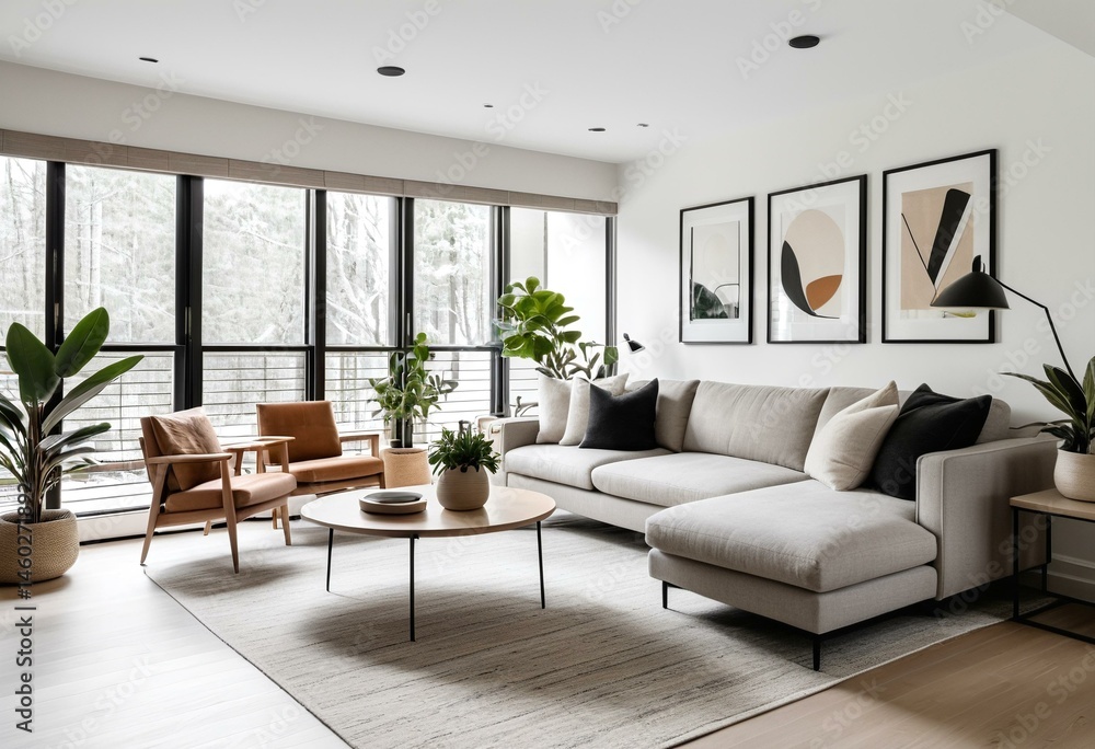 Fototapeta premium A living room filled with furniture and plants.