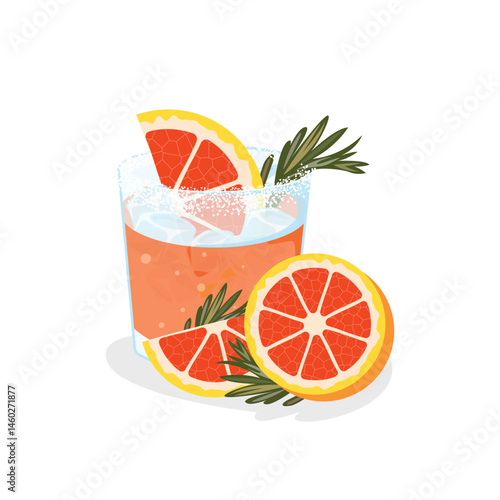 Vector illustration of a Paloma cocktail with grapefruit slices, rosemary, and ice. Refreshing citrus drink perfect for bar menus, summer designs, and tropical-themed artwork.