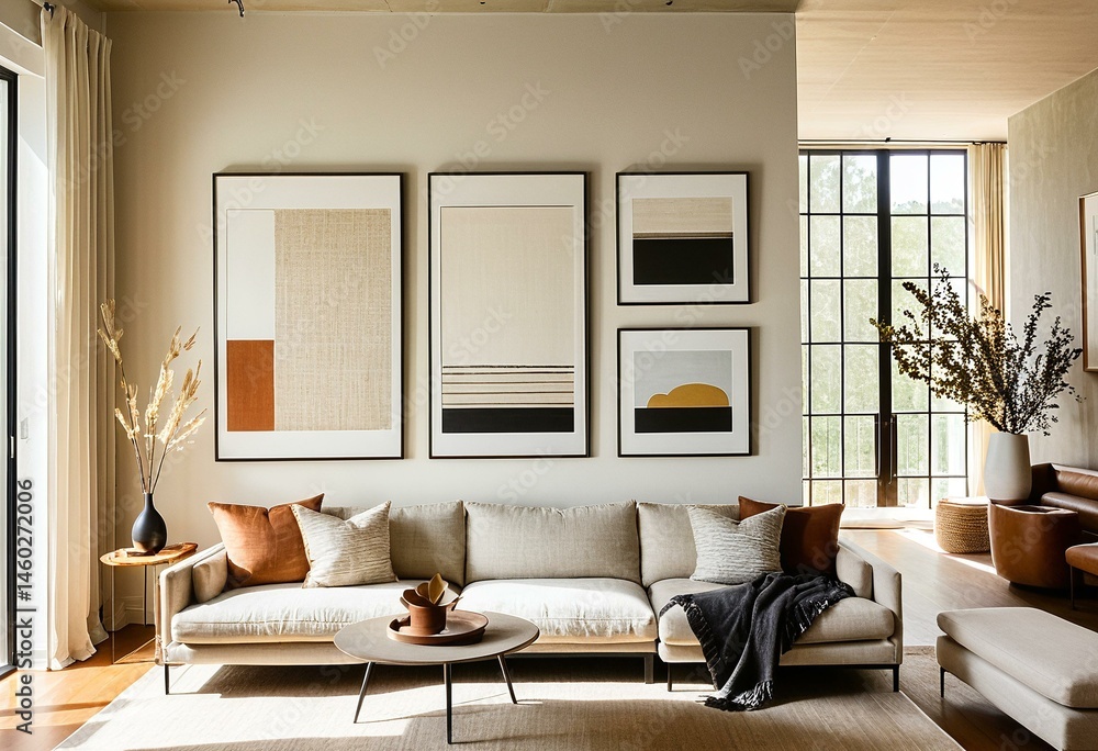Fototapeta premium A living room filled with furniture and a large window.