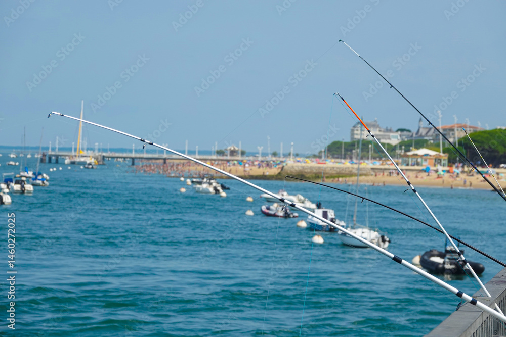 fishing rods on the background of the city beach