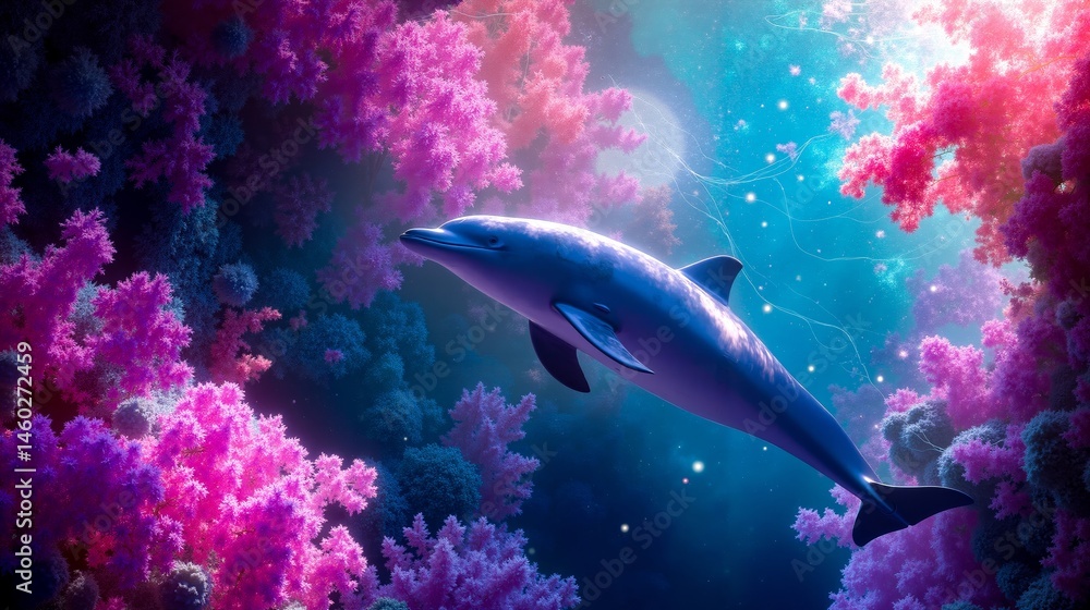 Fototapeta premium A dolphin swimming in the ocean surrounded by pink coral