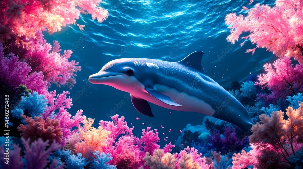 Fototapeta premium A dolphin swimming in the ocean surrounded by coral reefs
