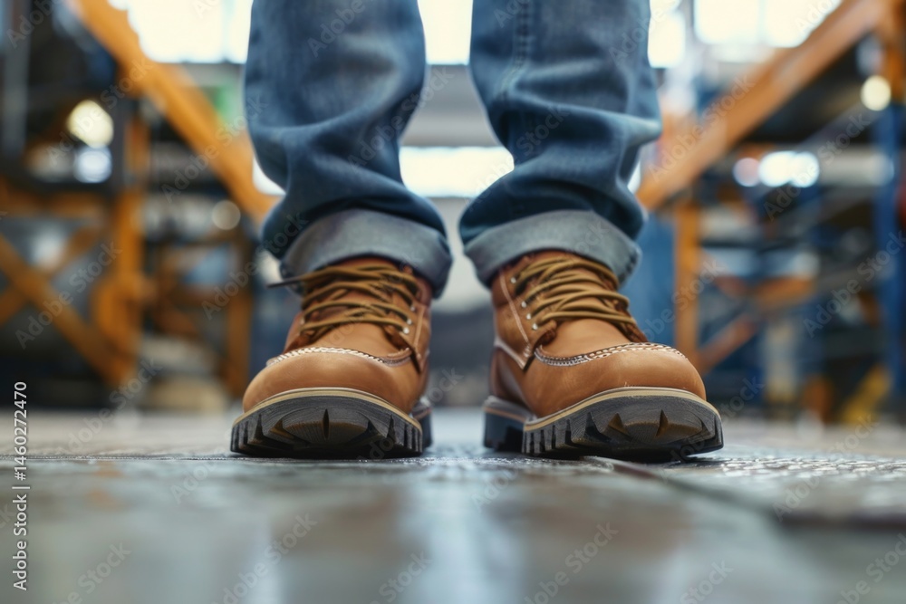 Fototapeta premium Close up of safety working shoe on worker feet standing in factory