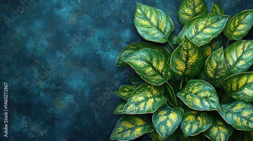 Lush green foliage with yellow variegation against a dark teal textured background.  Plenty of space for text