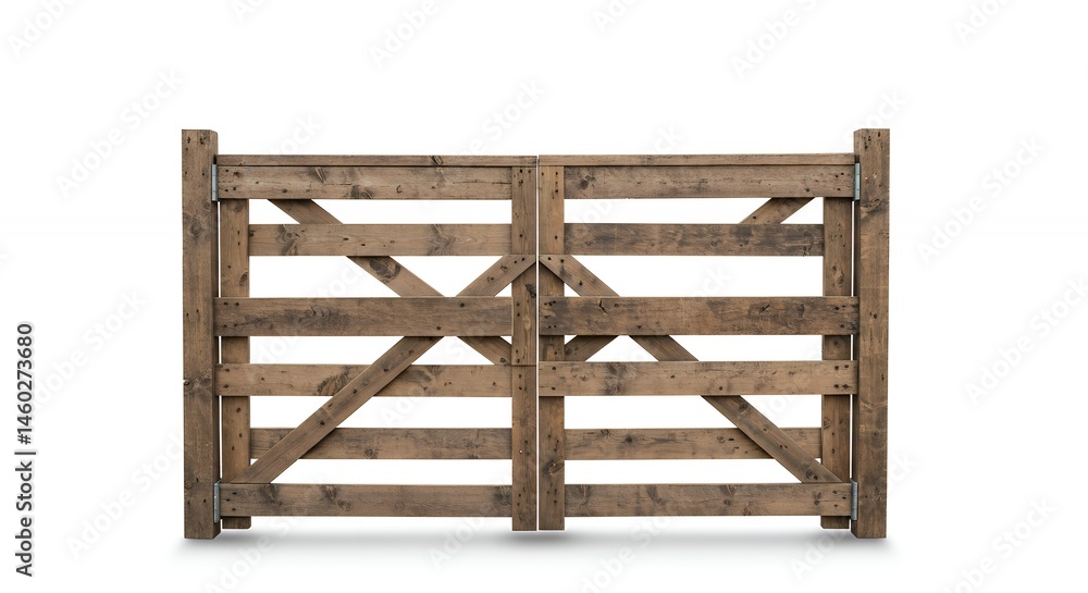 Weathered wooden gate isolated on white background showcasing rustic design and texture Weathered wooden gate isolated on white background showcasing rustic design and texture
