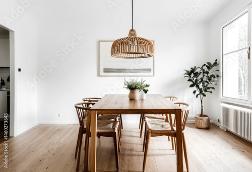 a dining room with a wooden table and chairs