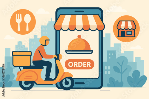 Vector illustration of food delivery service with scooter, mobile app, and restaurant icons. Colorful vector elements in urban flat design