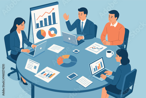 Vector illustration in isometric style of business meeting with a roundtable, financial charts, laptops, and teamwork brainstorming