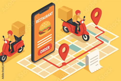 Vector illustration in isometric style of food delivery logistics with scooter couriers, restaurant app orders, and delivery map tracking