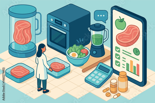 Vector illustration in isometric style of food tech innovations with lab-grown meat, smart kitchen appliances, and nutrition apps