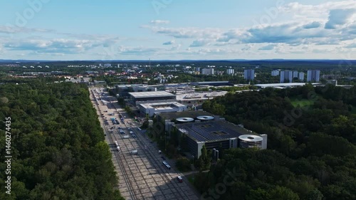 Aerial drone view of NürnbergMesse in Nuremberg, Germany.