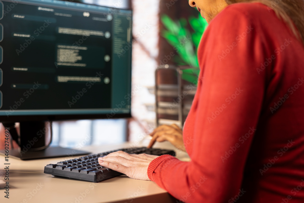 Smart AI assistant displayed on a computer monitor helping a person complete tasks, power of machine learning to streamline digital interactions and enhance web based connectivity.