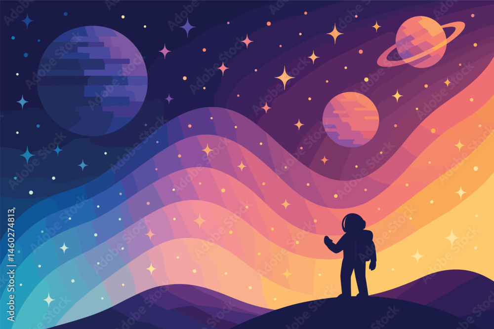 Fototapeta premium Vector illustration in gradient style of planet exploration with cosmic waves, gradient stars, and digital planets