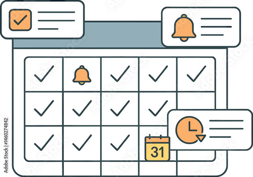Vector illustration in outline + fill style of a digital calendar with checkmarks, deadline icons, and reminder popups, designed for productivity apps and planners