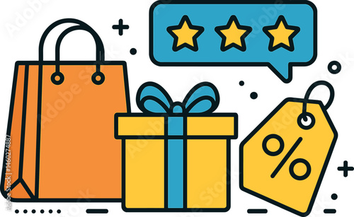 Vector illustration in outline + fill style of shopping bag, gift box, promo tag, and customer reviews in a modern e-commerce theme