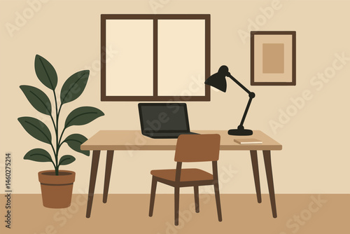 Vector illustration of quiet workspace at home with minimal decor, plant, and desk lamp