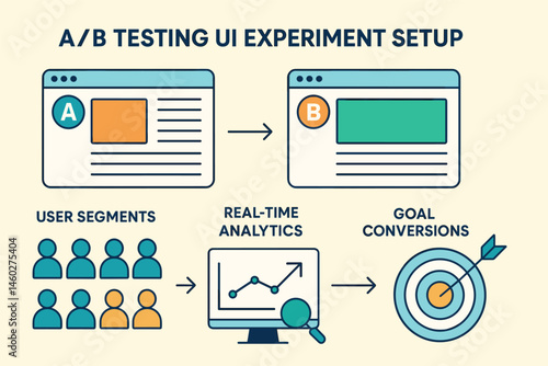 Vector illustration of A/B testing UI experiment setup with variation A and B, user segments, real-time analytics, and goal conversions