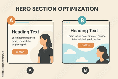 Vector illustration of hero section optimization with split A/B hero banners, text alignment, call-to-action placement, and image background variations