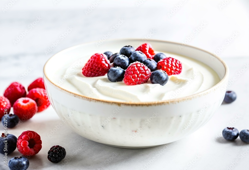 A bowl of yogurt with berries on top of it. A bowl of yogurt with berries on top of it.