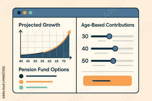 Vector illustration of retirement planning tool with projected growth graph, pension fund options, and age-based contribution settings