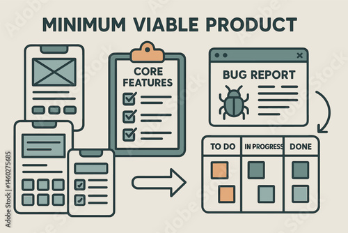 Vector illustration of minimum viable product development with wireframe screens, checklist of core features, bug report window, and agile board